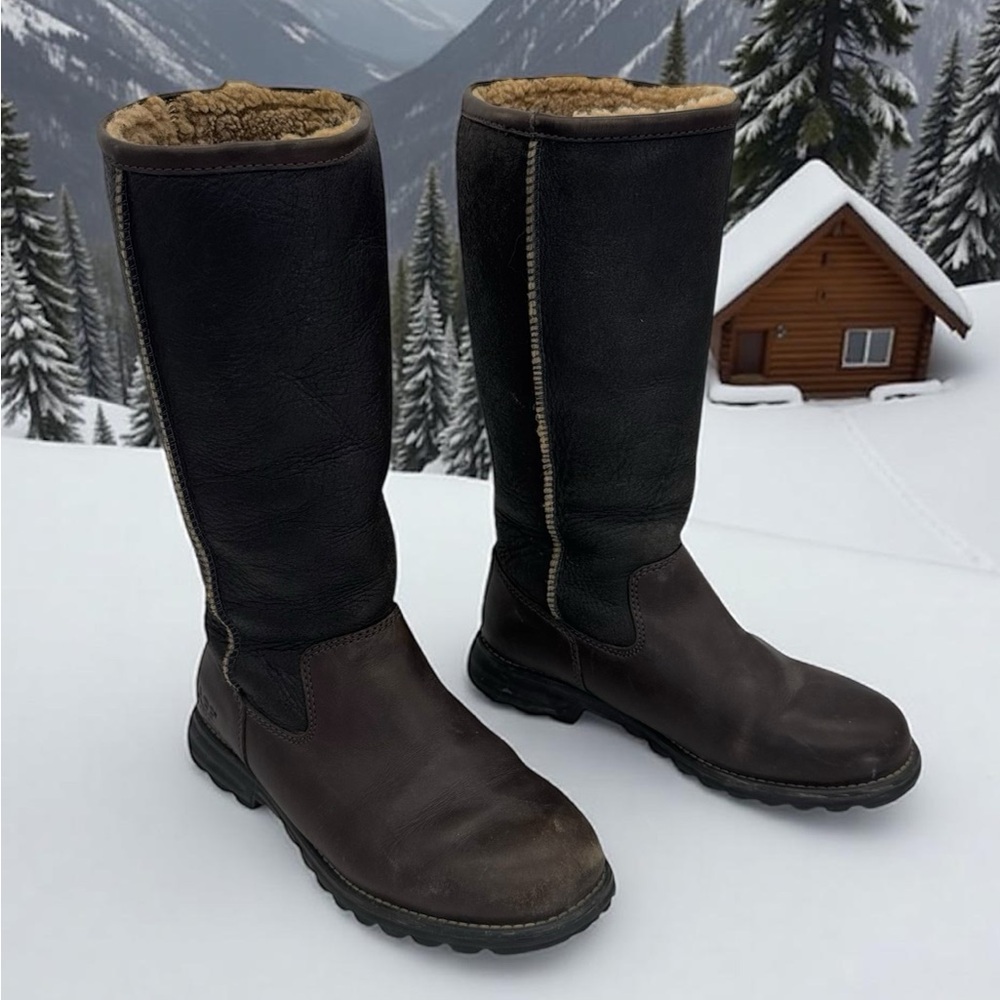 UGG Women's Brooks Tall Boots Brown Black Leather Shearling Round Toe Size 7